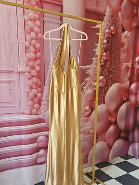 Retrofete Gold Halter Maxi Satin Gown